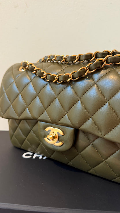 Chanel army green small lambskin double flapbag full set 2023