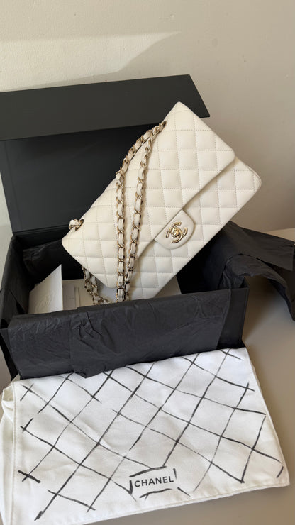 Chanel medium caviar double classic flapbag white full set 2021 chip