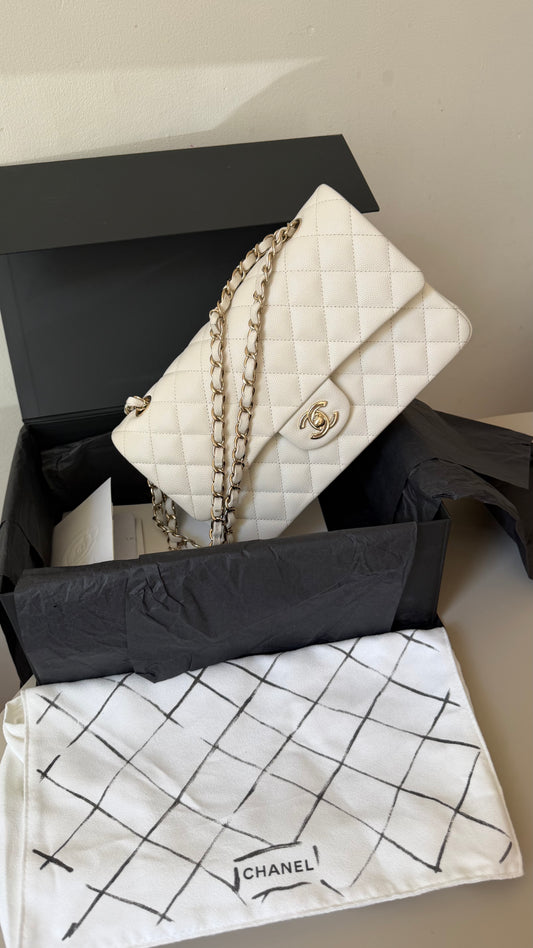 Chanel medium caviar double classic flapbag white full set 2021 chip