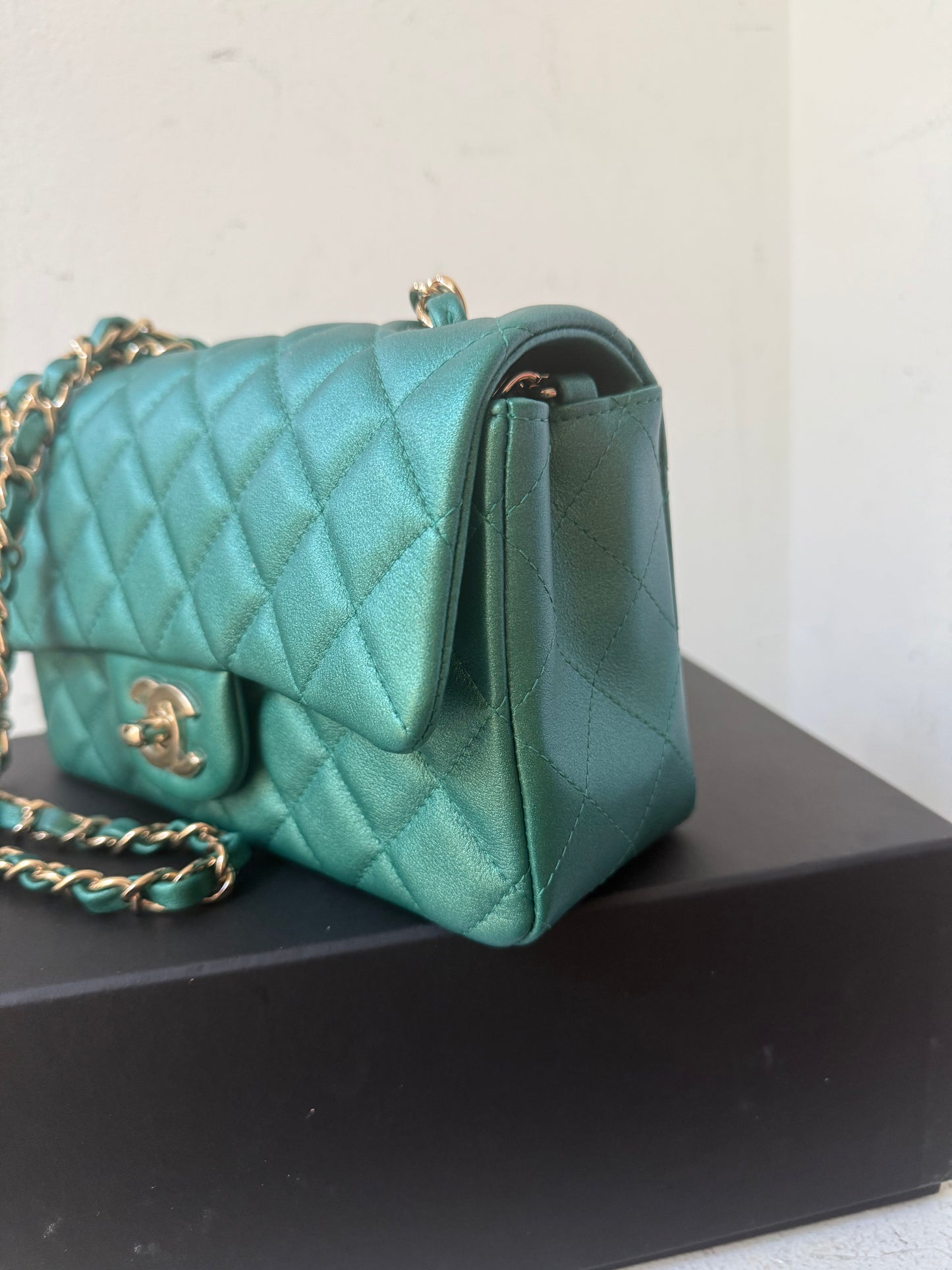 Chanel green emerald mini lambskin flap