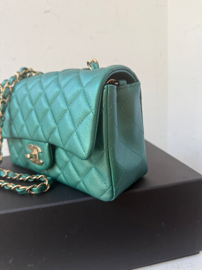 Chanel green emerald mini lambskin flap