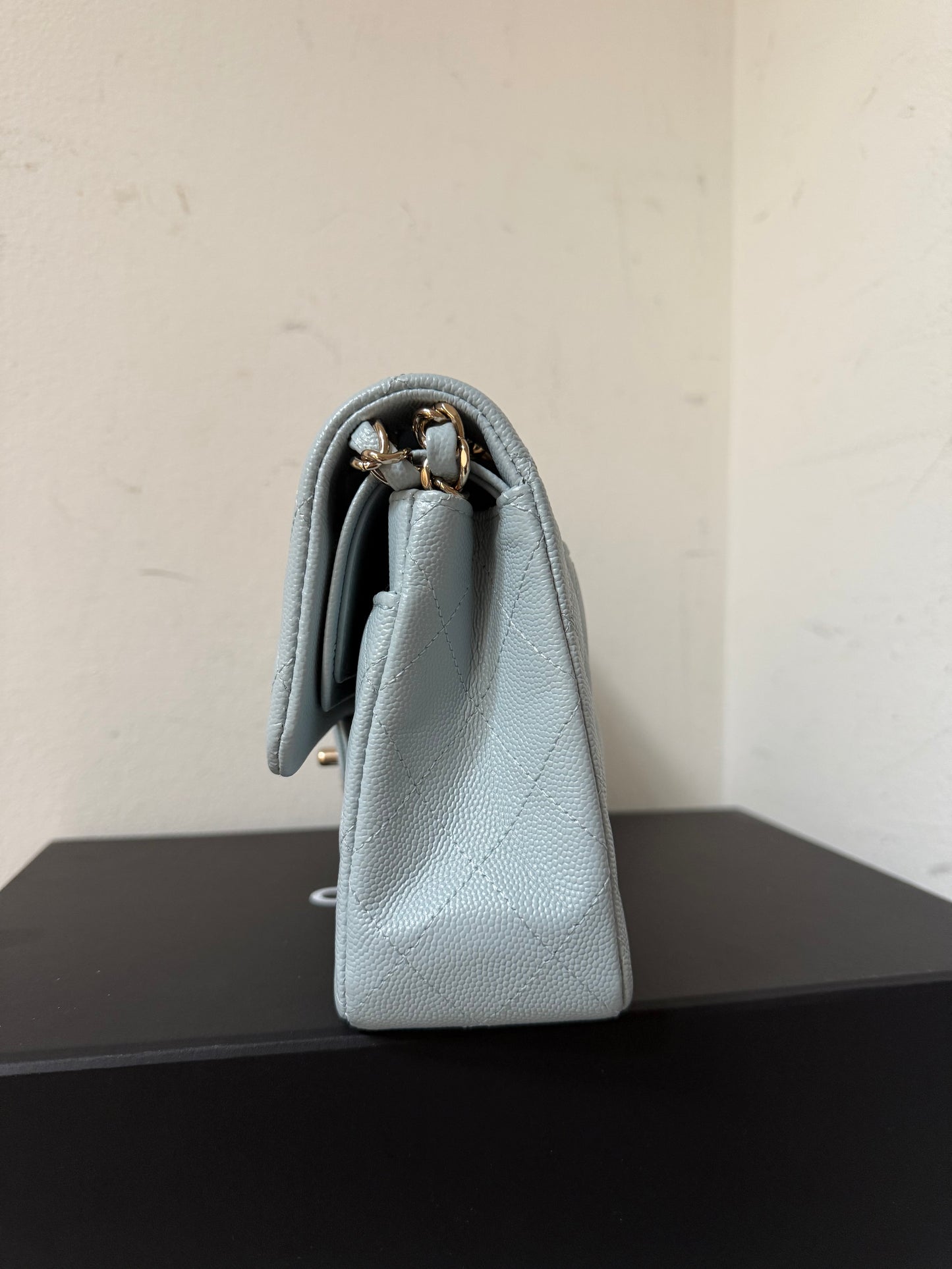 Chanel classic flapbag small caviar babyblue with chip