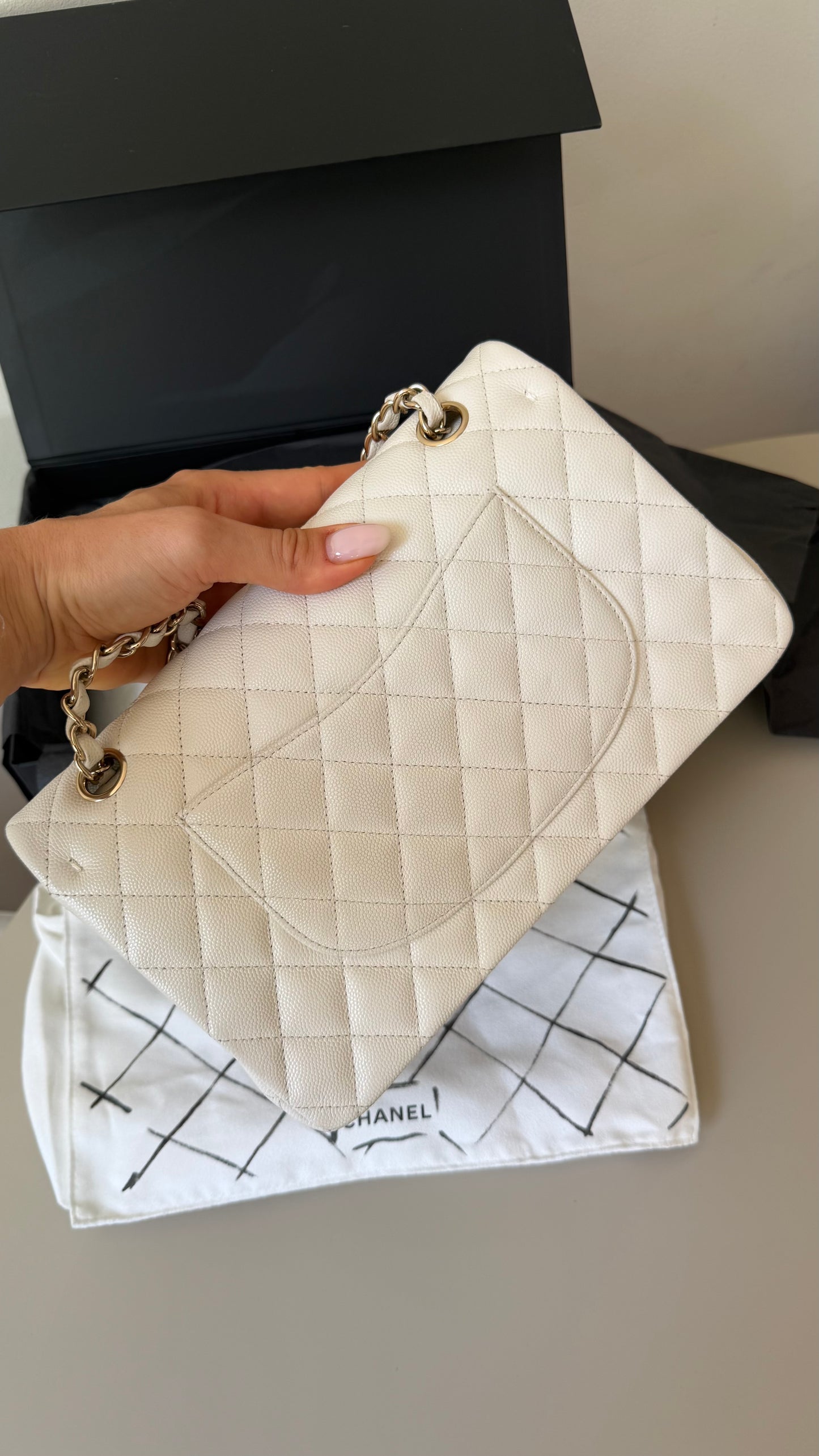 Chanel medium caviar double classic flapbag white full set 2021 chip