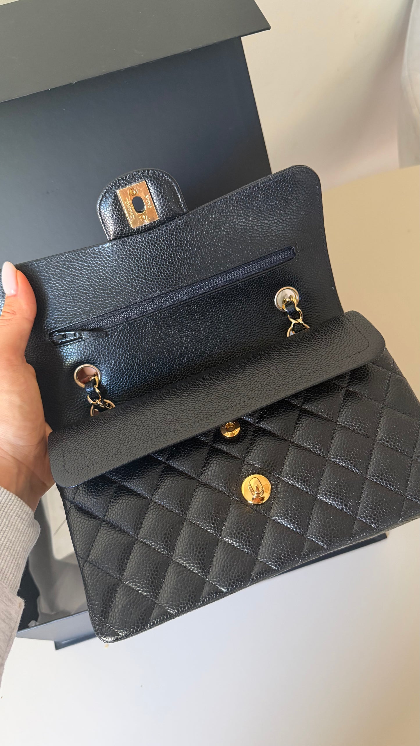 Chanel small double classic black flapbag caviar with chip