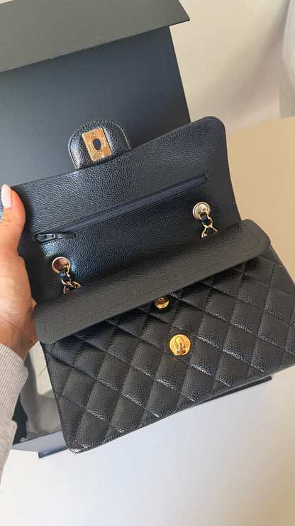 Chanel small double classic black flapbag caviar with chip