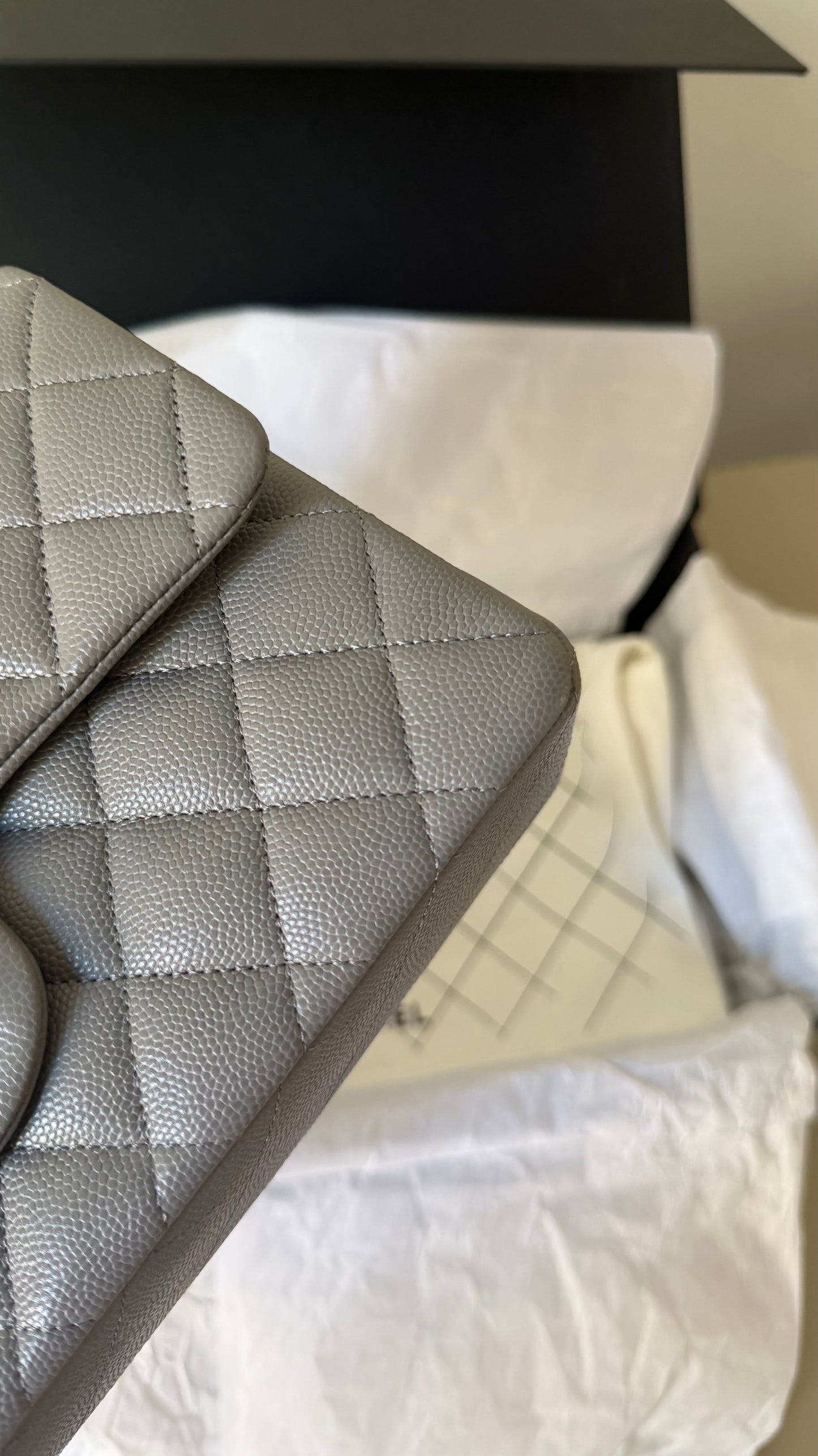 Chanel small Grey caviar double classic flapbag with chip 2022