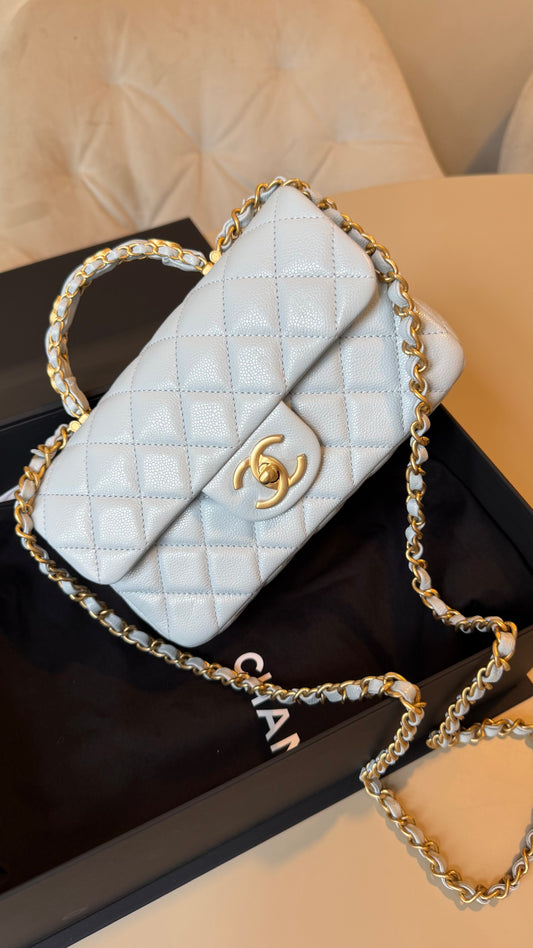 Chanel mini top handle baby blue caviar with chip- brand new