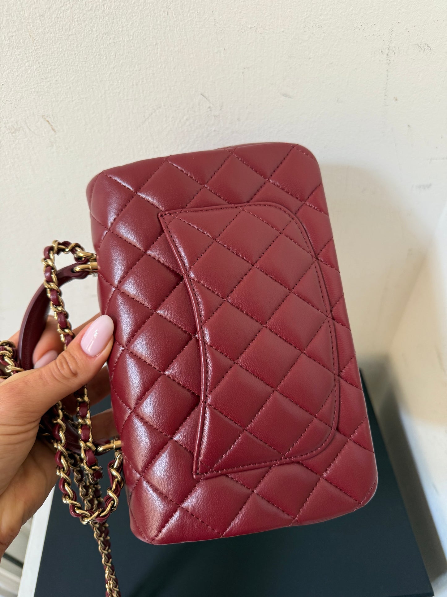 Chanel dark red mini lambskin top handle