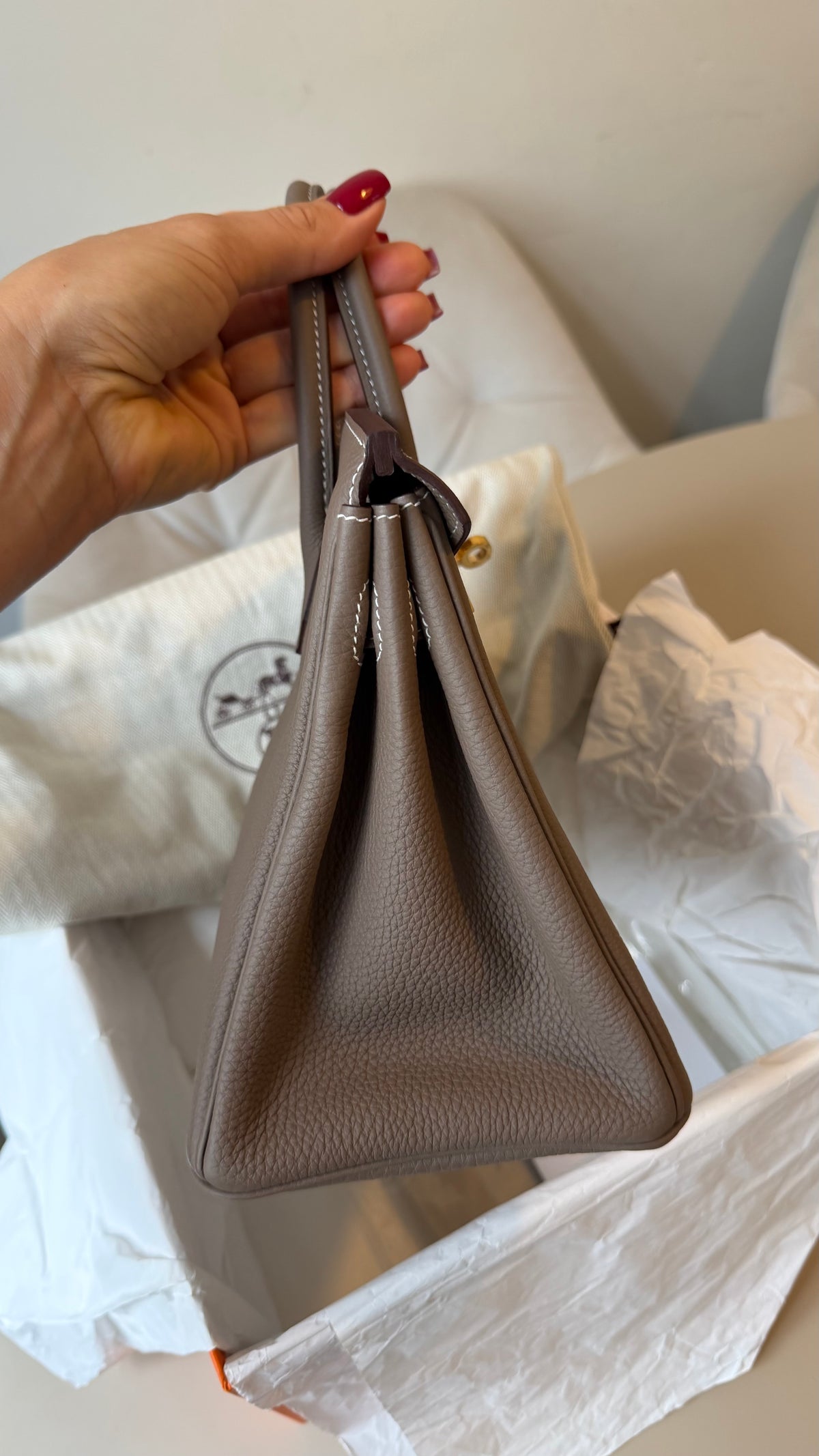 Birkin 25 etoupe Togo with gold hardware stamp D full set with receipt