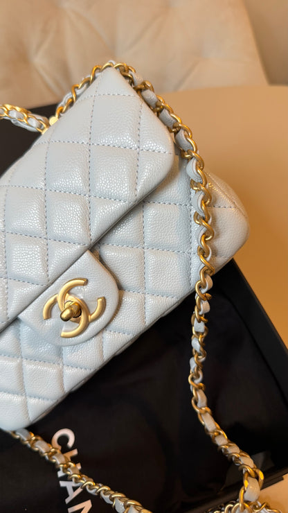 Chanel mini top handle baby blue caviar with chip- brand new