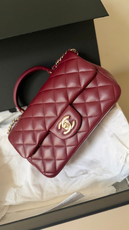 Chanel mini top handle burgundy new full set