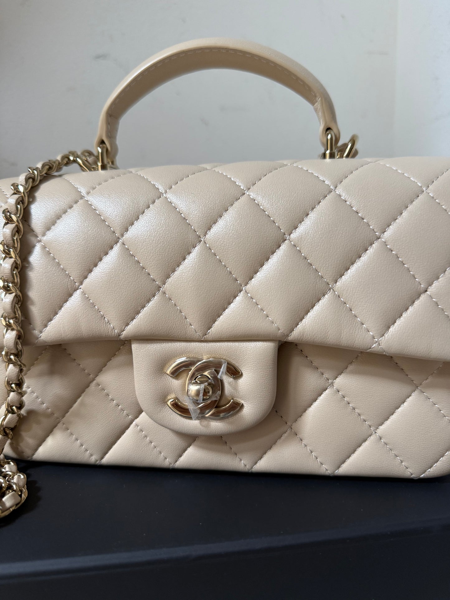 Chanel beige mini top handle lambskin new