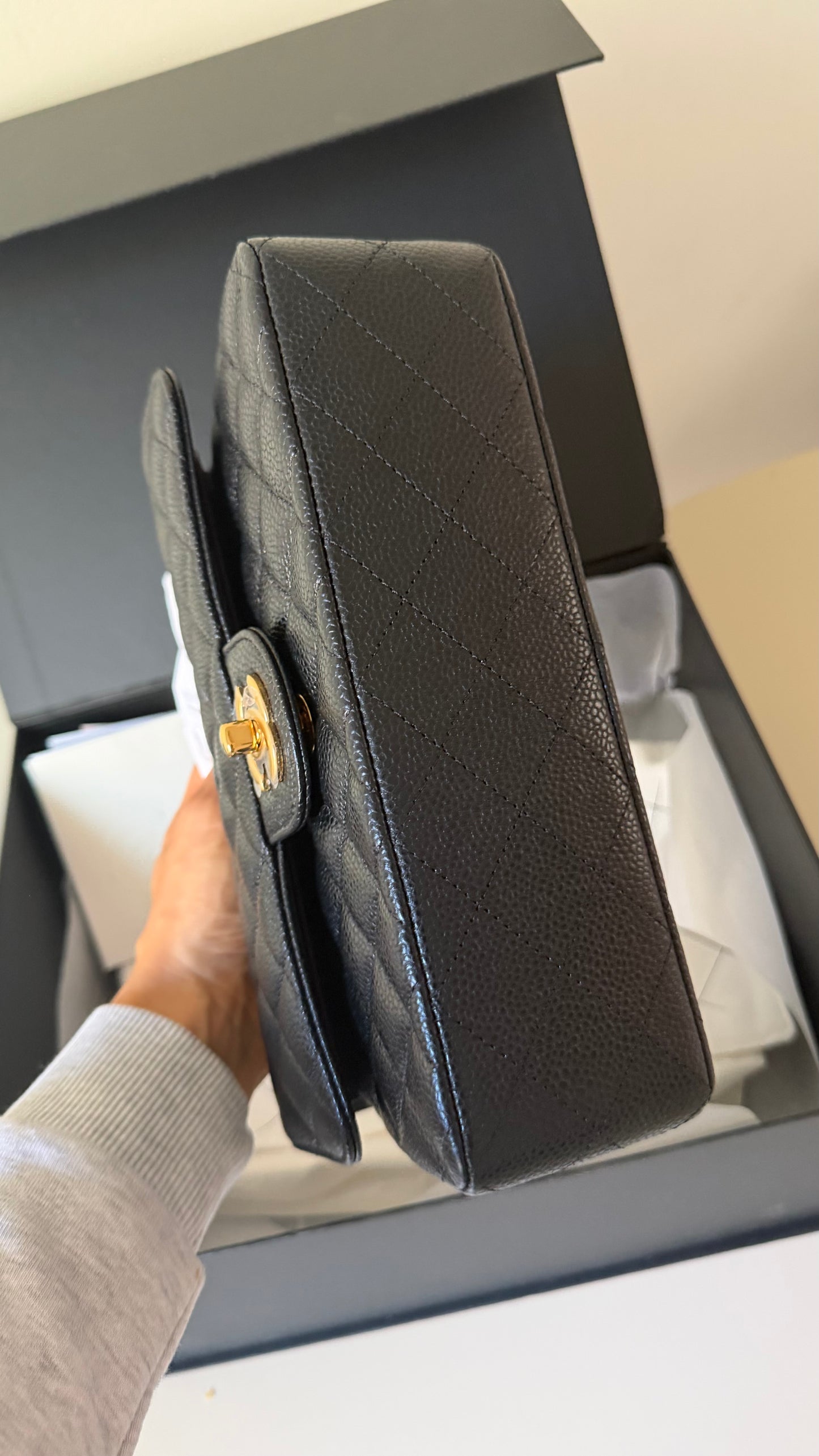 Chanel small double classic black flapbag caviar with chip