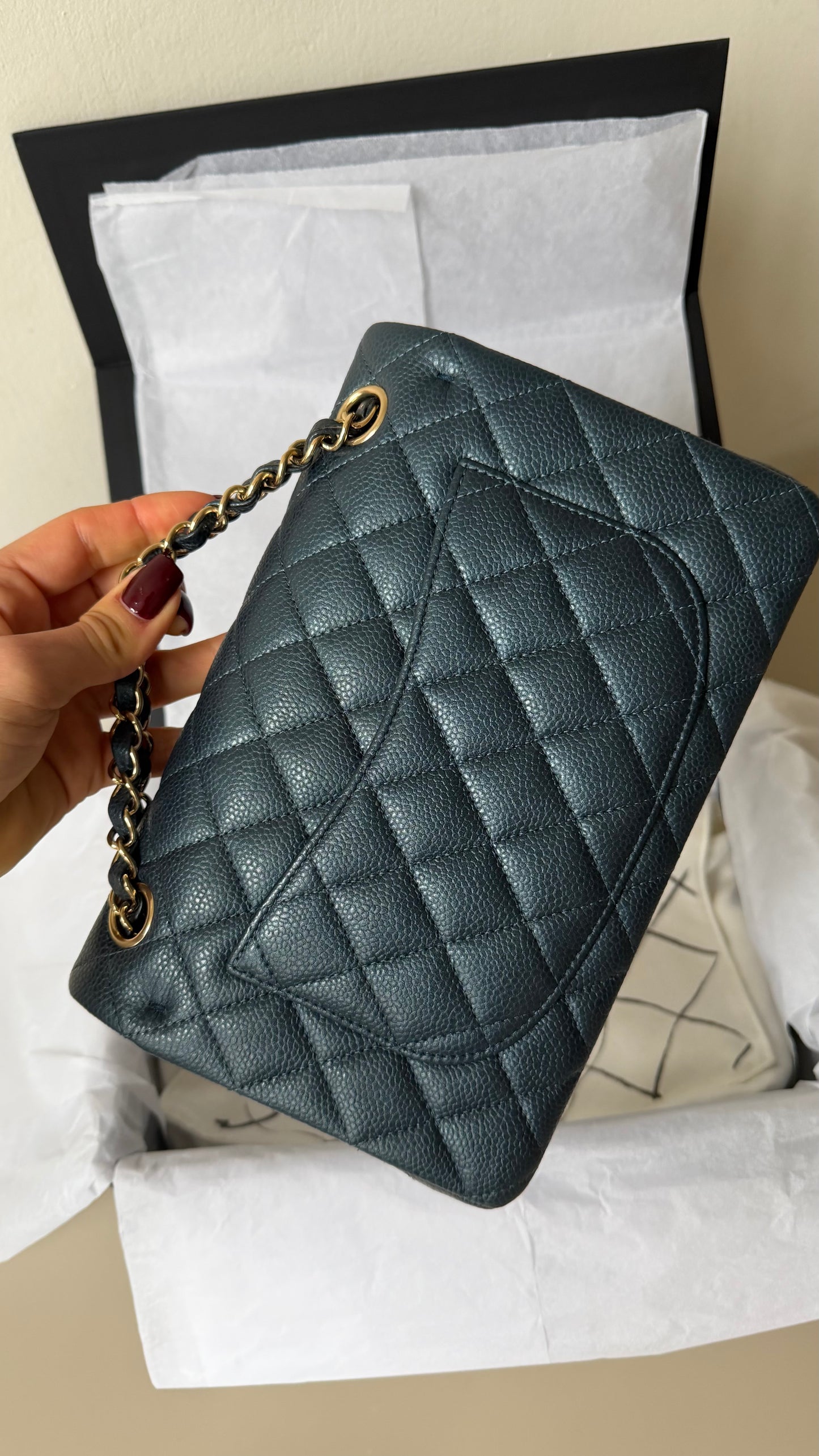 Chanel small caviar classic flap Iridiscent dark blue