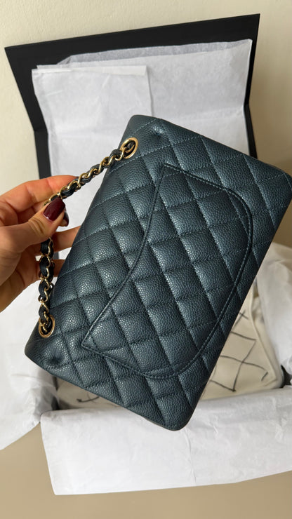 Chanel small caviar classic flap Iridiscent dark blue