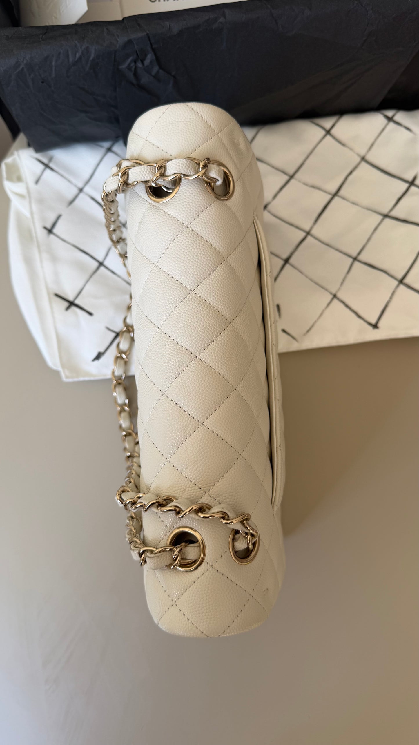 Chanel medium caviar double classic flapbag white full set 2021 chip