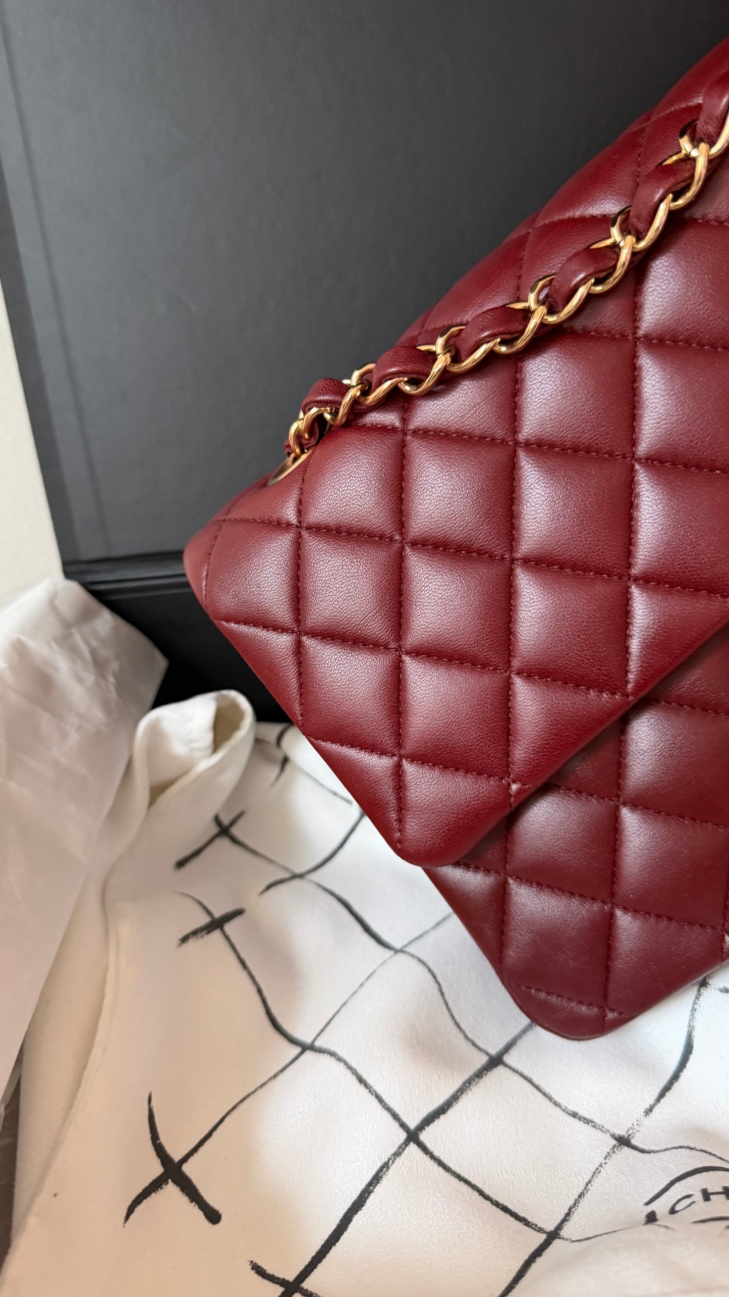 Chanel medium lambskin burgundy 21 series, full set with card and certificate