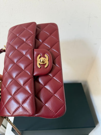 Chanel dark red mini lambskin top handle