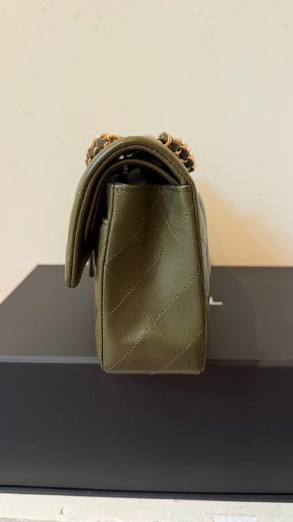 Chanel army green small lambskin double flapbag full set 2023