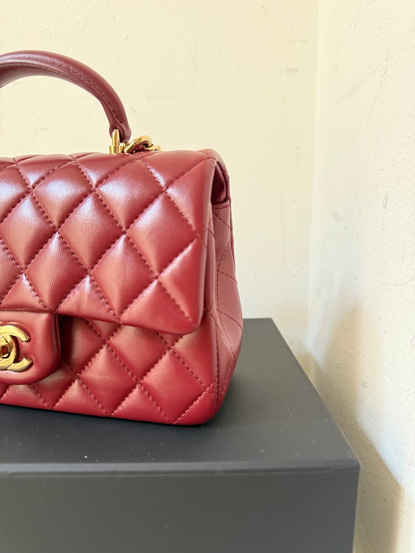 Chanel dark red mini lambskin top handle