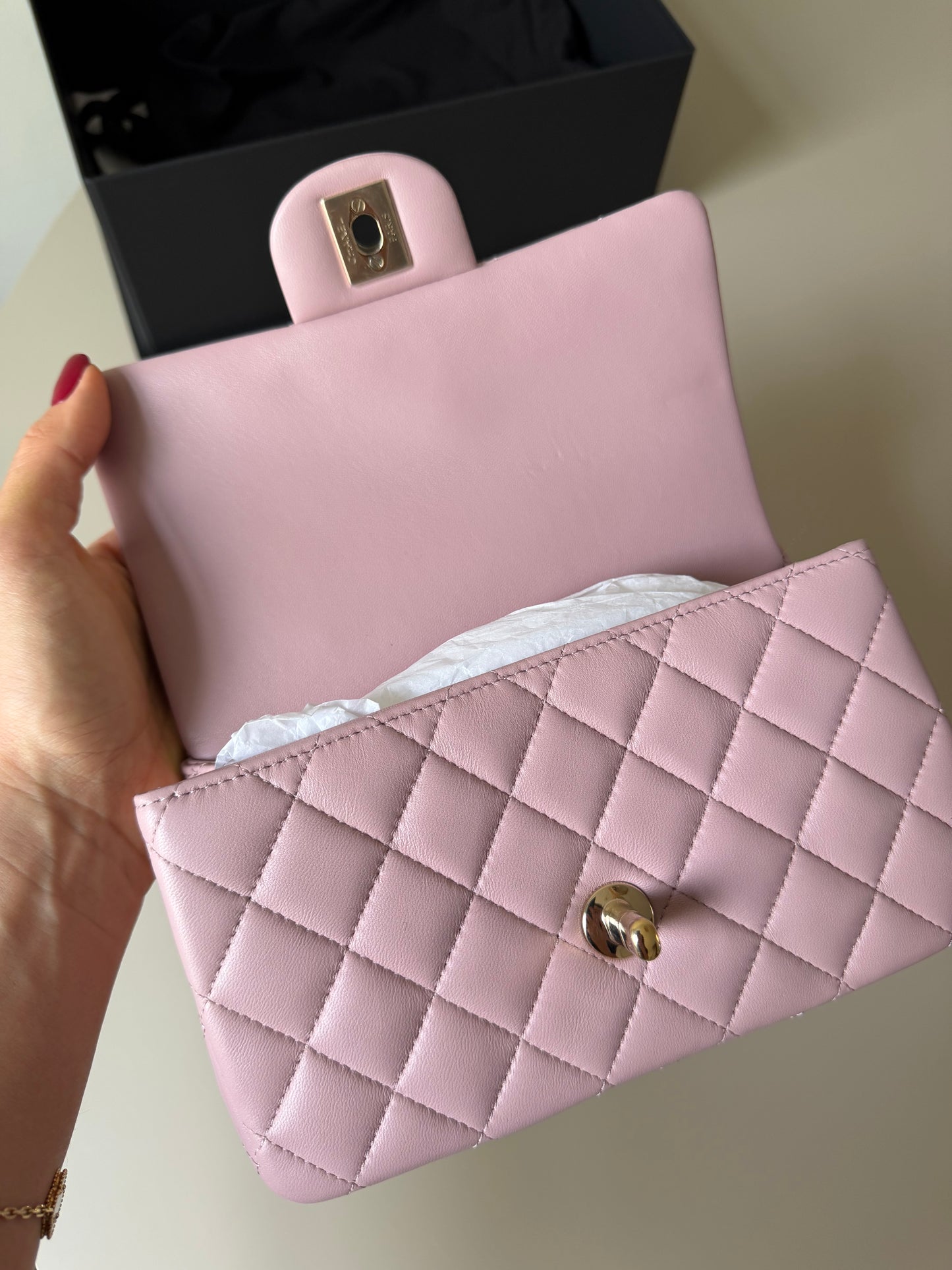 Chanel pink mini lambskin top handle