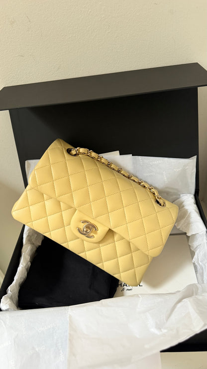 Chanel butter yellow lambskin small flap, new with chip