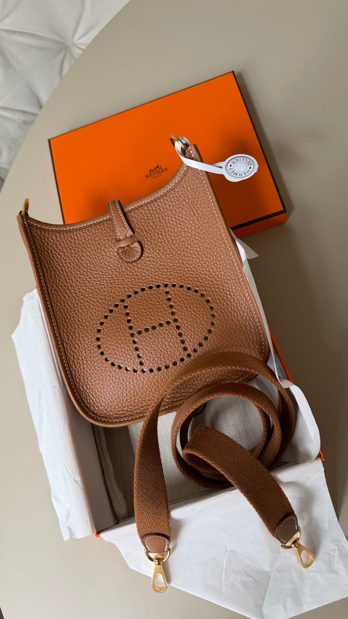 Hermes mini Evelyne gold on gold