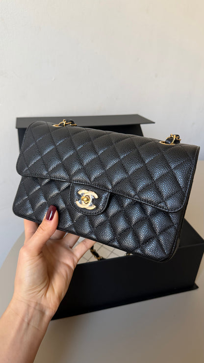 Chanel small classic flap black caviar with chip