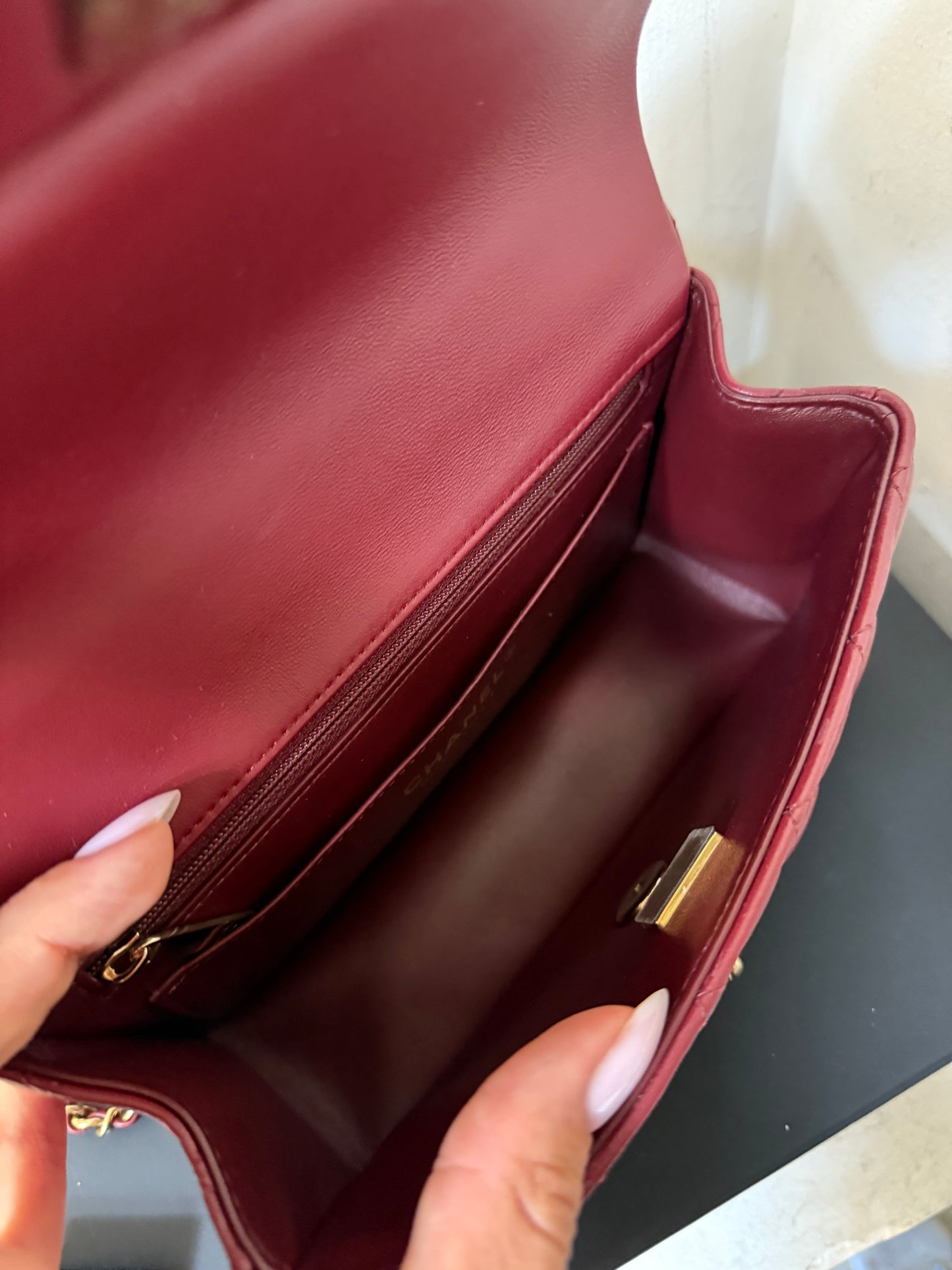 Chanel dark red mini lambskin top handle