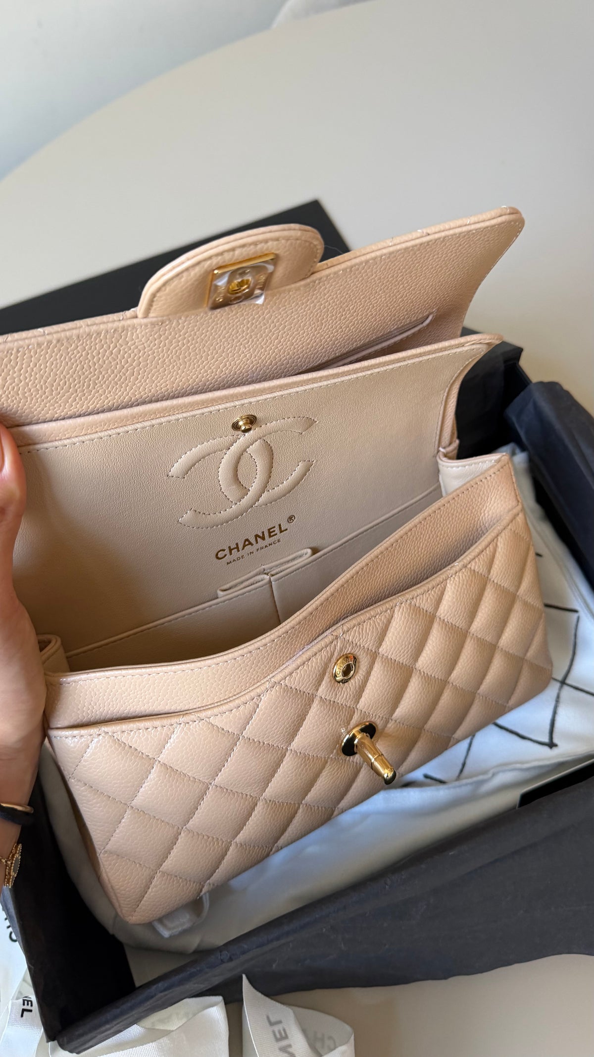 Chanel small classic flapbag caviar beige