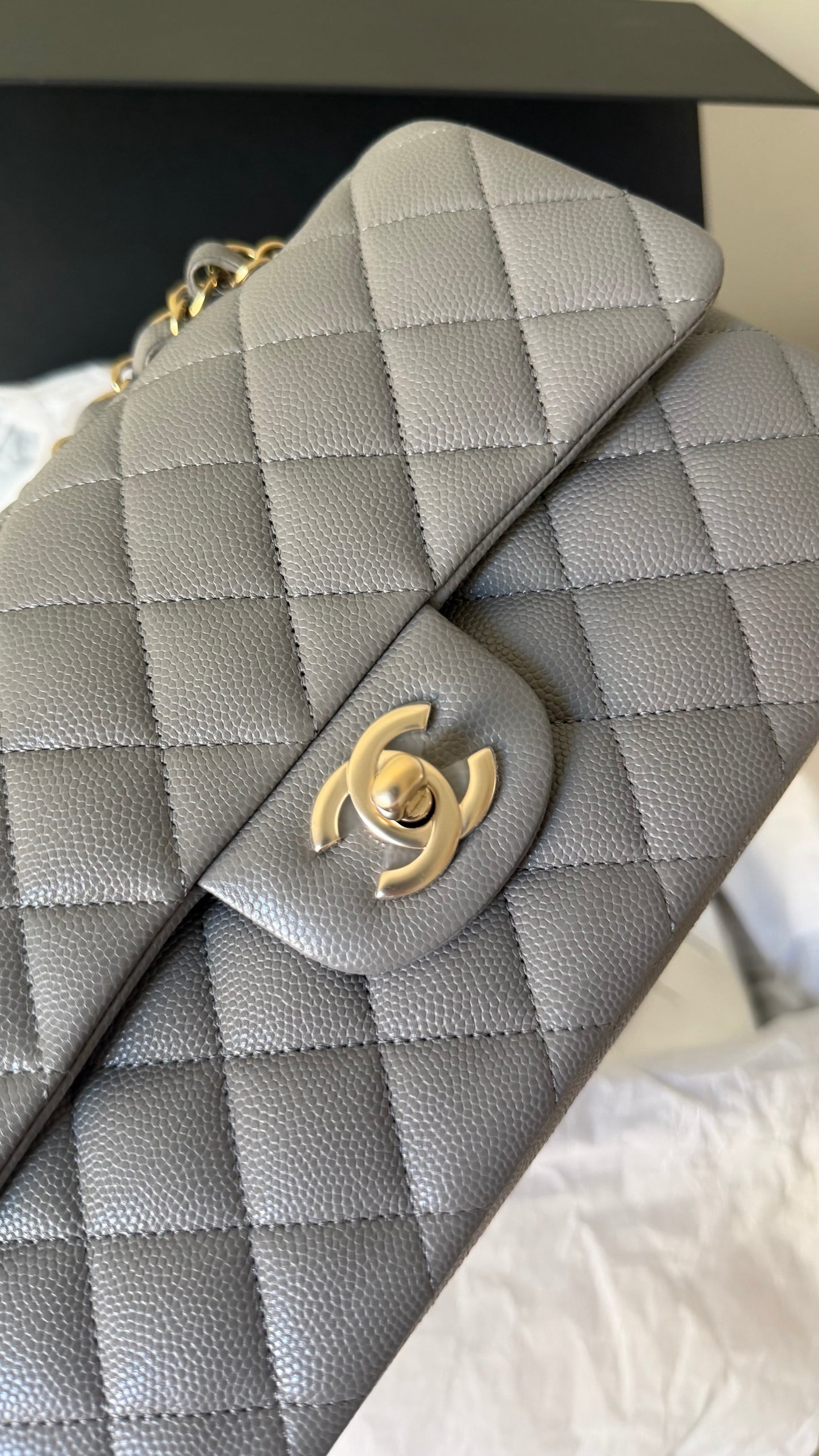 Chanel small Grey caviar double classic flapbag with chip 2022