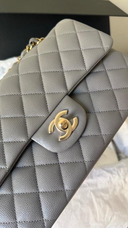 Chanel small Grey caviar double classic flapbag with chip 2022