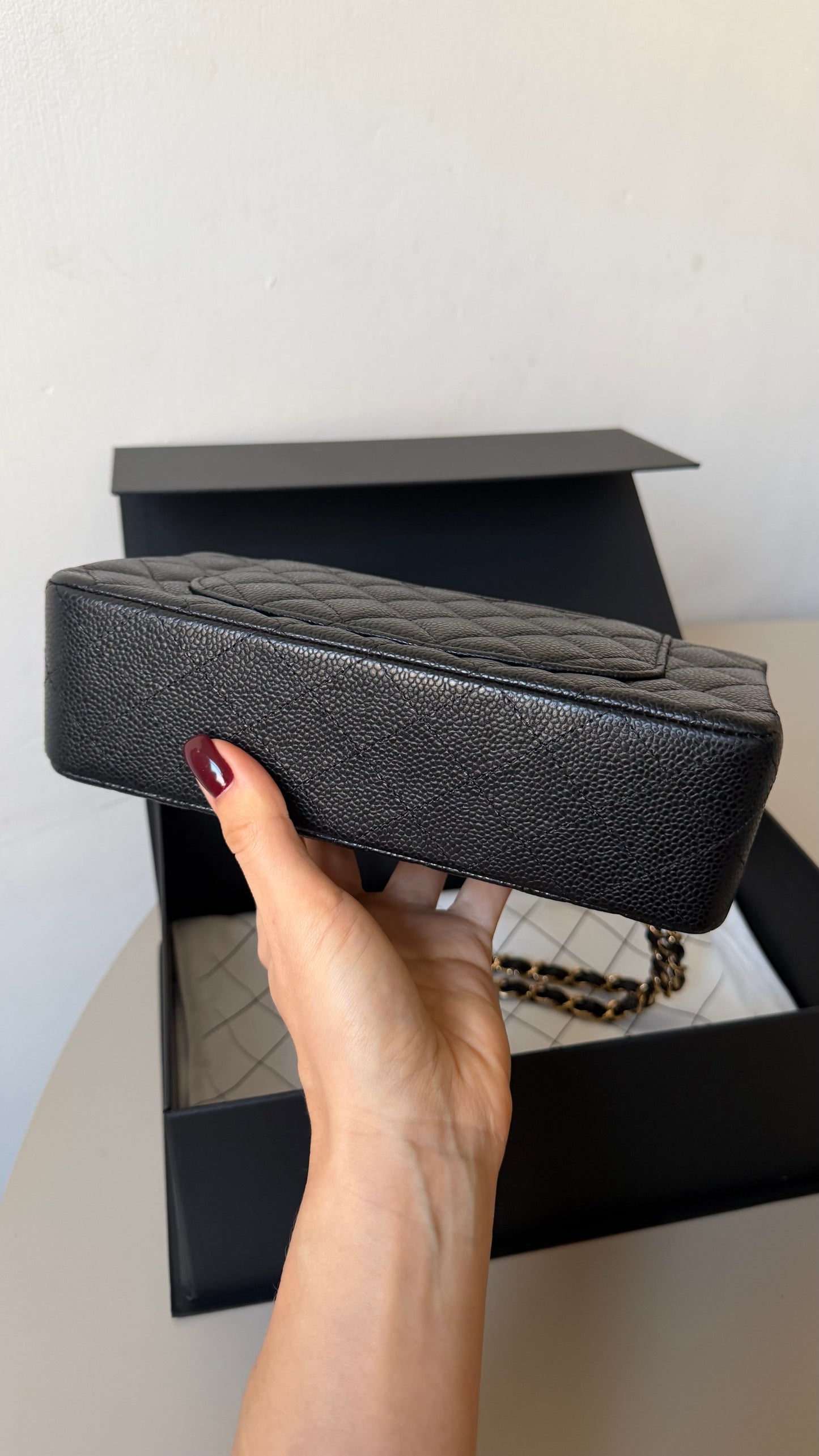 Chanel small classic flap black caviar with chip