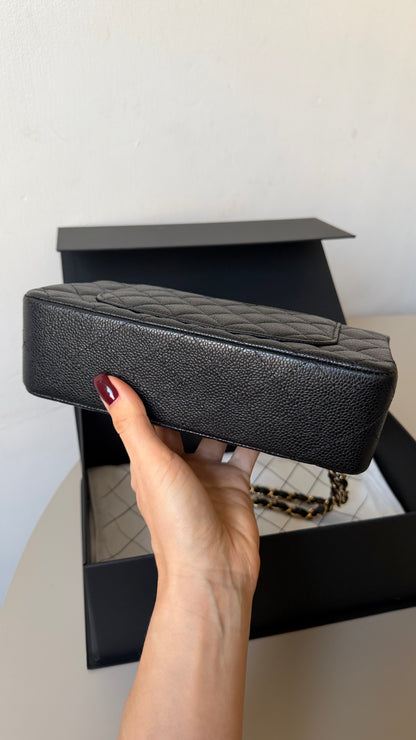 Chanel small classic flap black caviar with chip