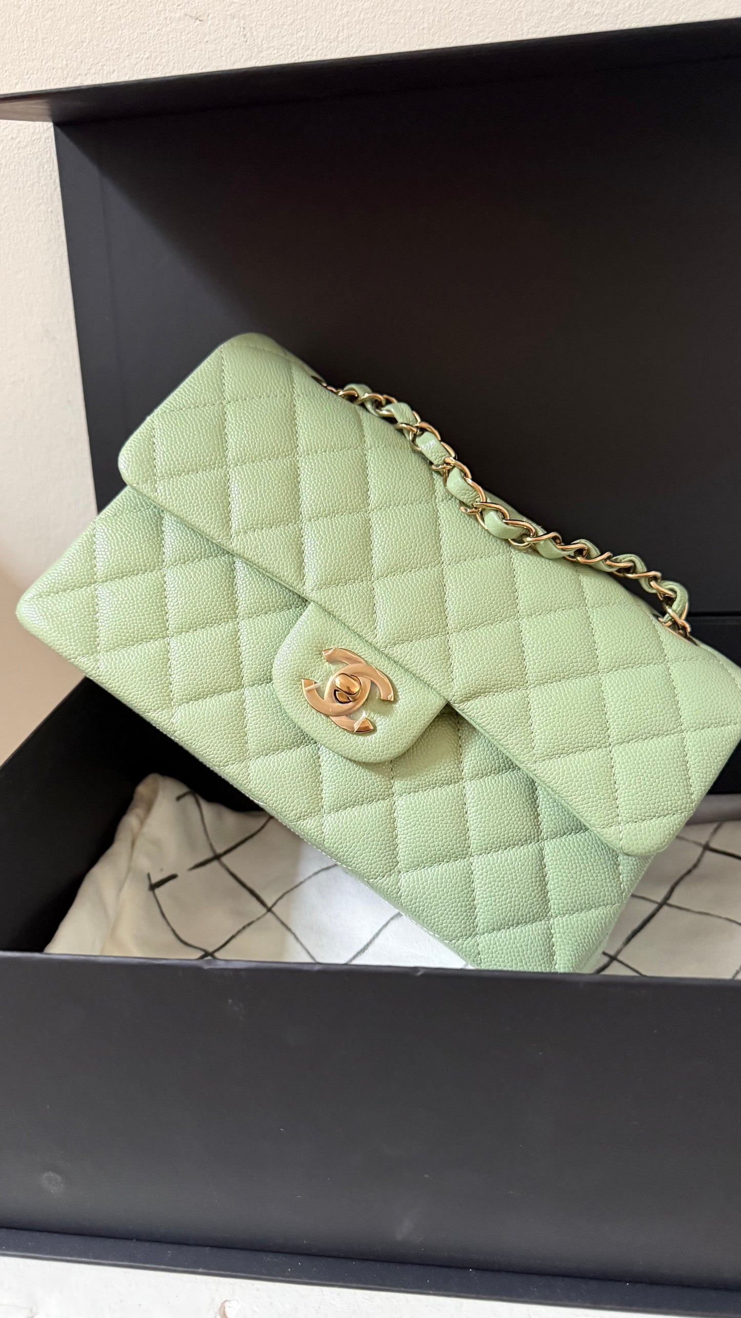 Chanel small flapbag caviar with chip in mint green color