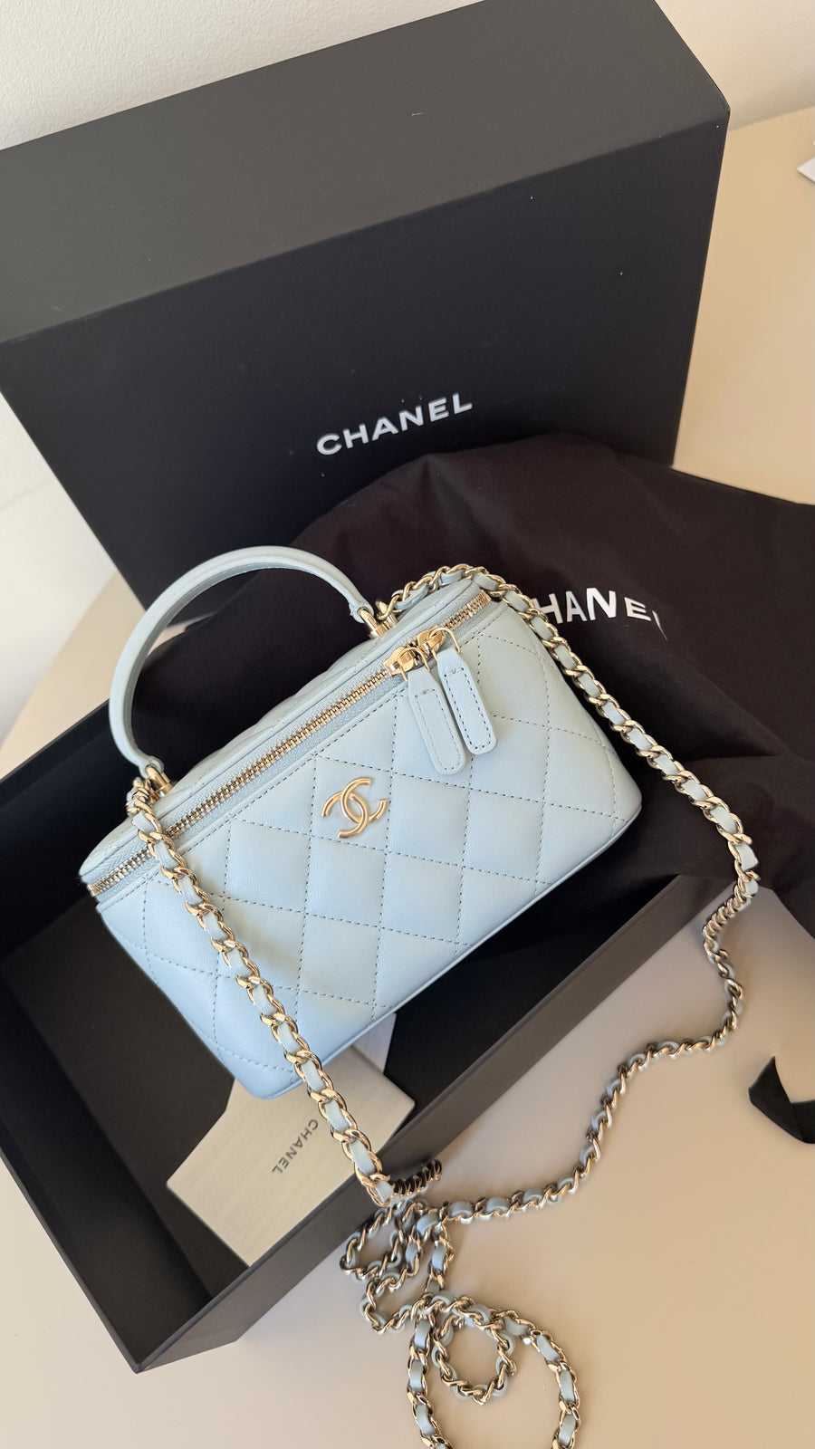 Chanel vanity case baby blue lambskin