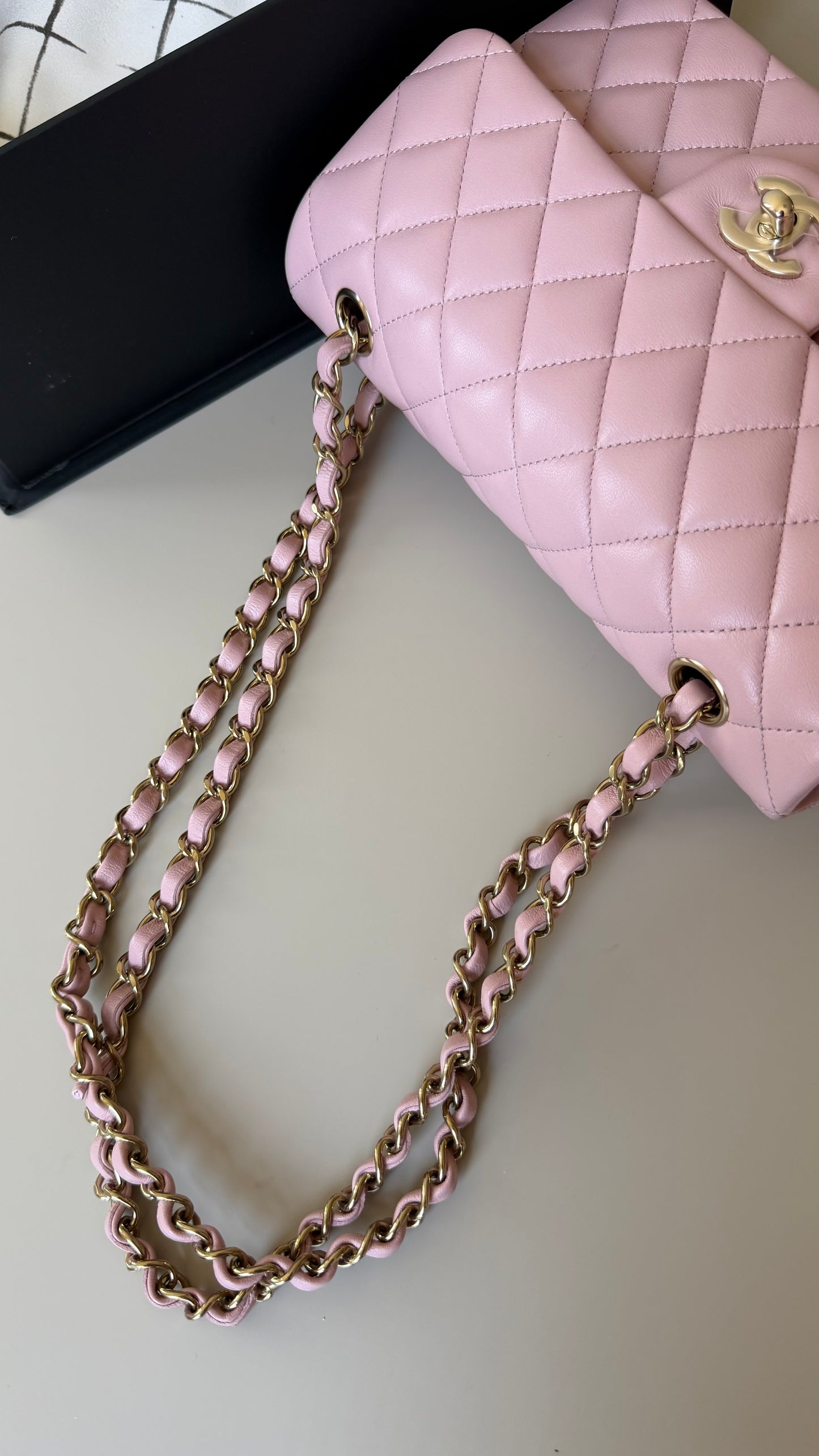 Chanel pink lambskin small chip new condition