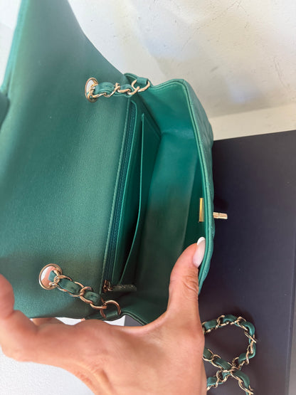 Chanel green emerald mini lambskin flap