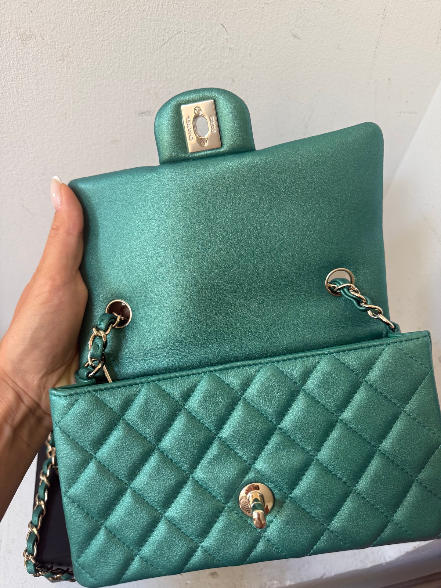 Chanel green emerald mini lambskin flap