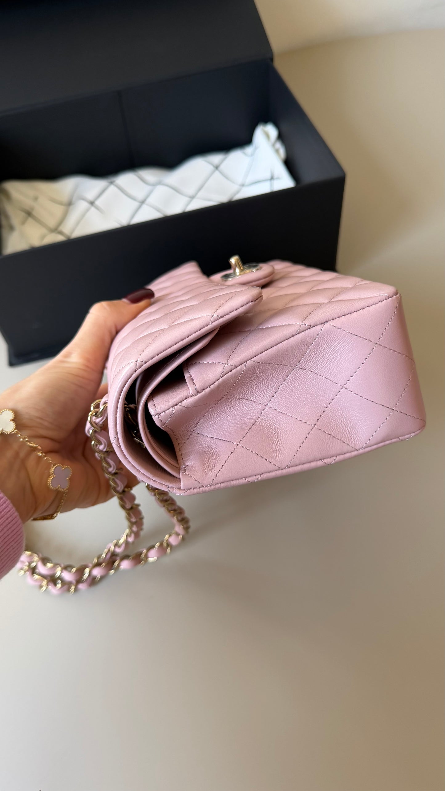 Chanel pink lambskin small chip new condition