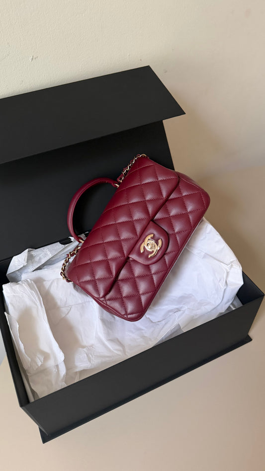 Chanel mini top handle burgundy new full set
