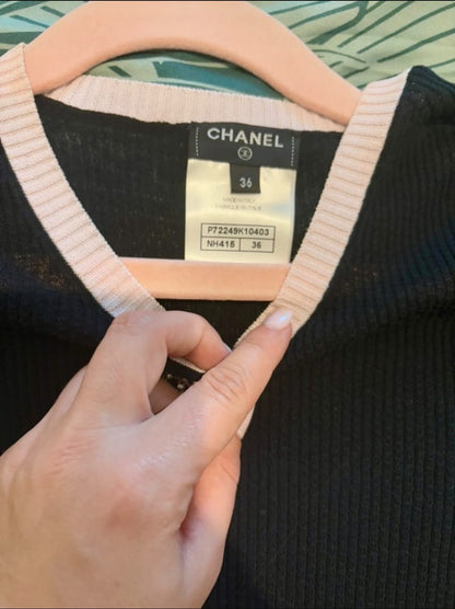 Chanel black top, pink collar, CC logo, size 38