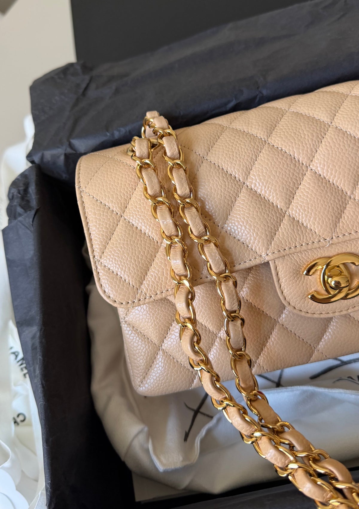 Chanel small classic flapbag caviar beige