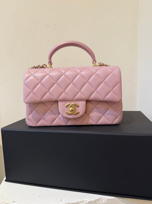 Chanel mini lambskin pink top handle