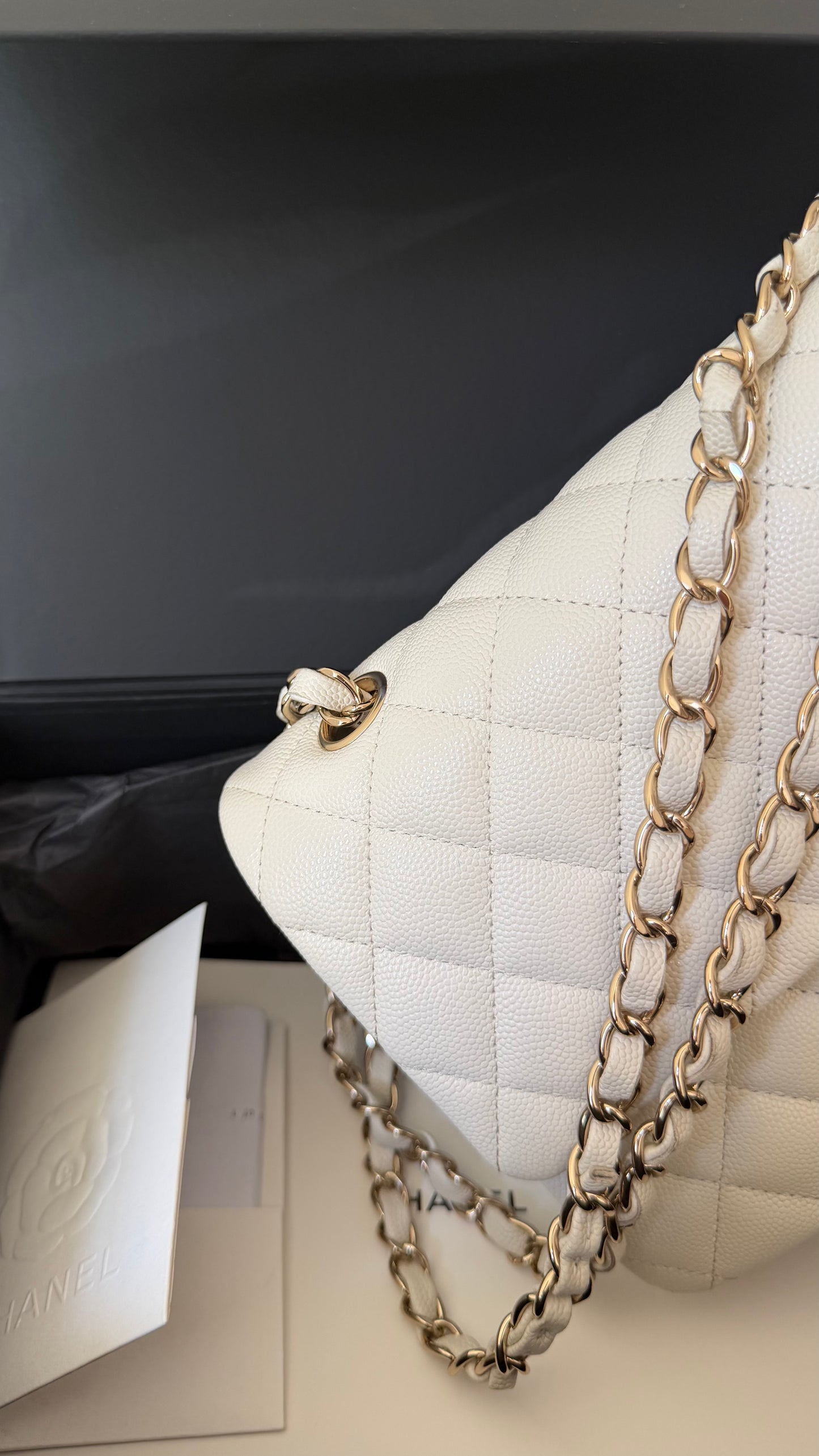 Chanel medium caviar double classic flapbag white full set 2021 chip