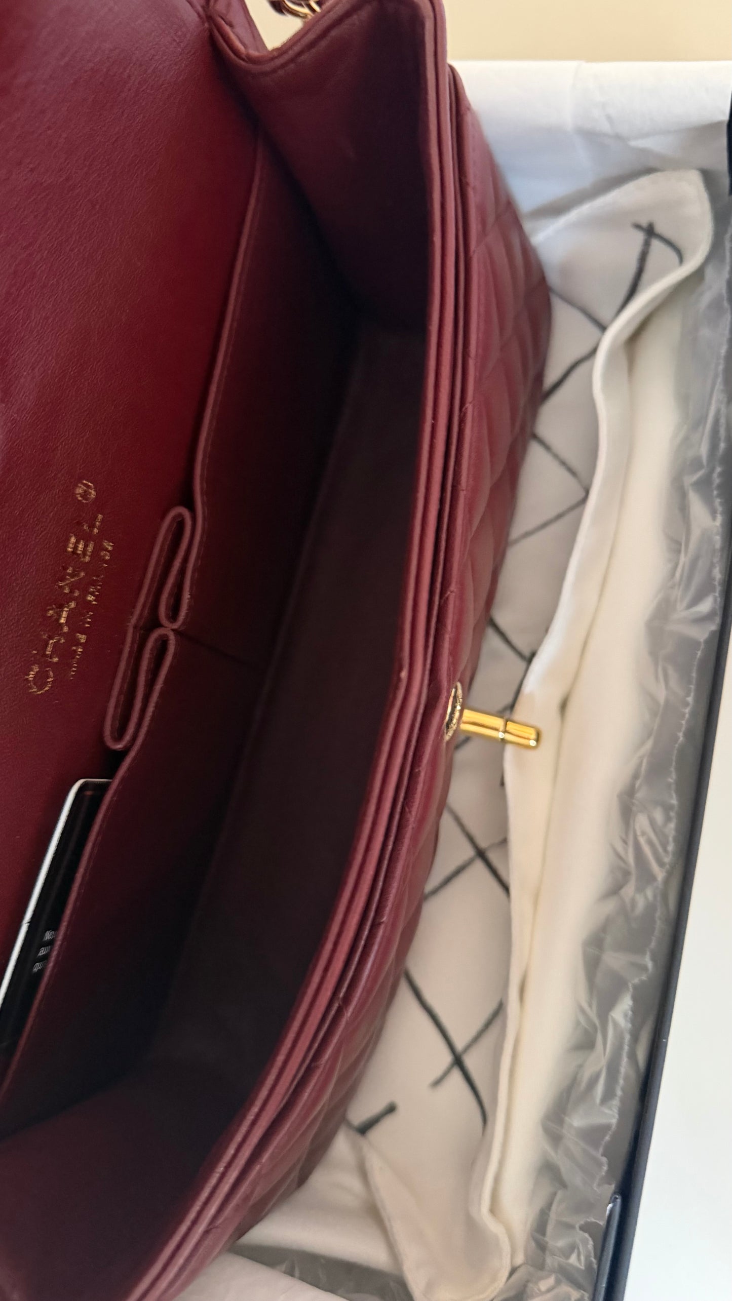 Chanel medium lambskin burgundy 21 series, full set with card and certificate