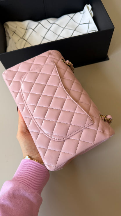 Chanel pink lambskin small chip new condition