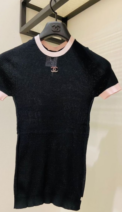 Chanel black top, pink collar, CC logo, size 38
