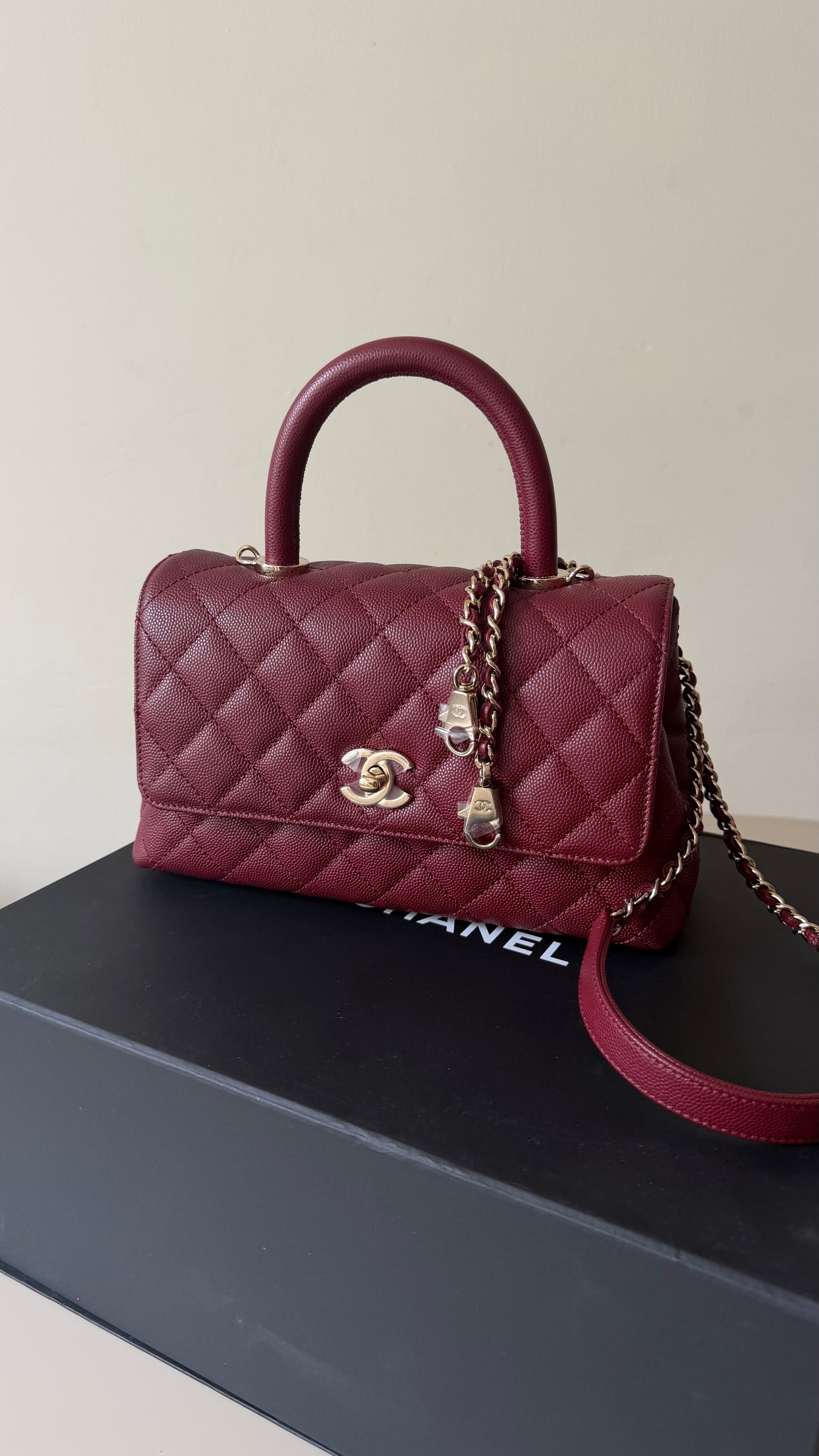 Chanel small Coco top handle burgundy caviar with chip