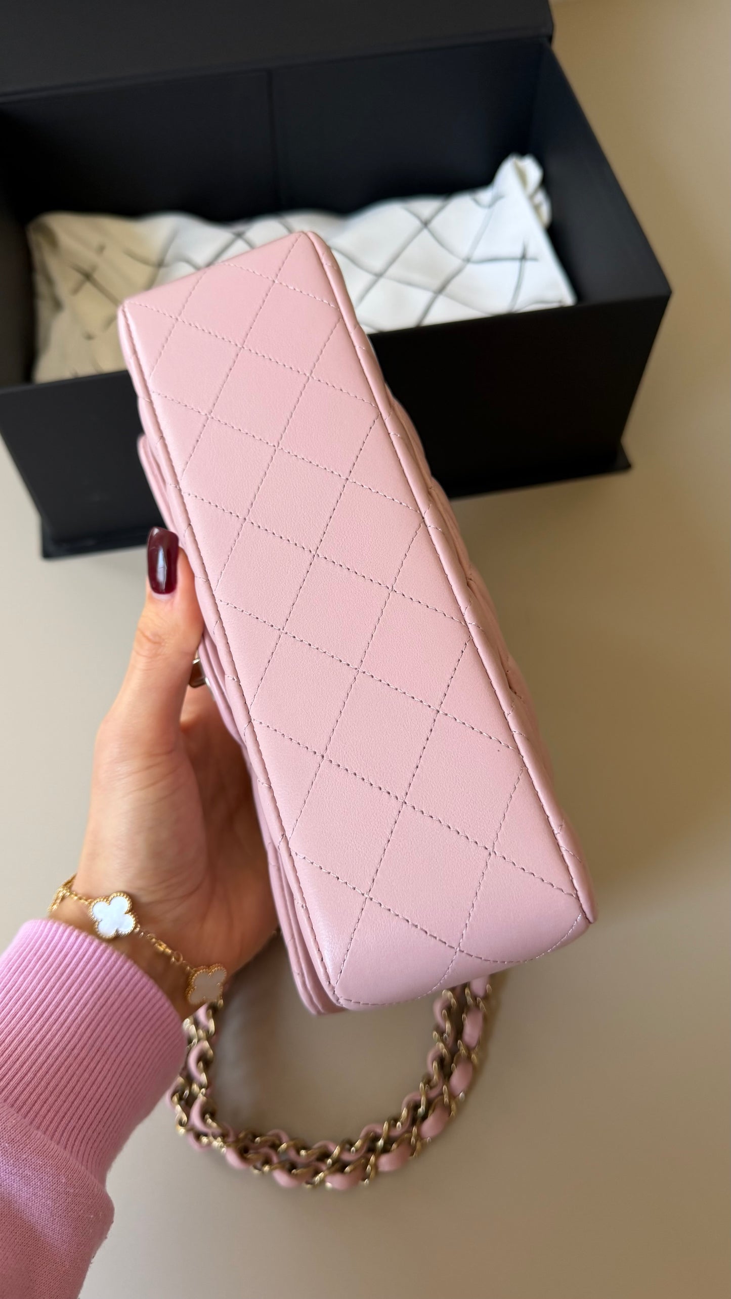 Chanel pink lambskin small chip new condition